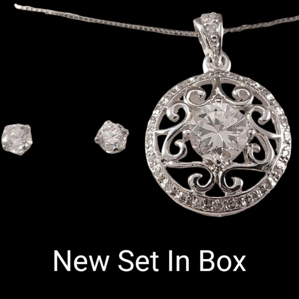 Sterling Clear Cz Round Openwork Pendant Necklace & Stud Earrings Set - Ne